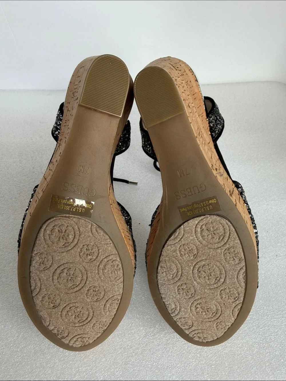 Guess Black Glitter Cork Wedge Sandals with Ankle Tie
